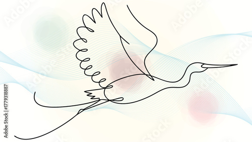 Crane Bird in Flight with Abstract Wavy Lines Soft Pastel Colors Keywords: crane, bird, flying, elegant continuous