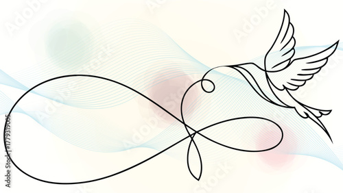 Modern Minimalist Flying Dove Forming an Infinity Symbol Against Soft Abstract Waves