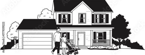 Family silhouette, suburban home, parents with child, stroller walk, domestic lifestyle, father with briefcase, motherhood, parenting, housing, daily routine