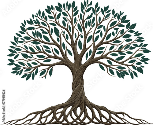 Symmetrical tree with decorative roots cartoon illustration, symbolic connection and expressive nature growth artwork for design and education
