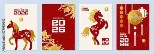 Set of cards for Chinese New Year, Year of the Horse, featuring a decorative silhouette of a horse, a blooming lotus and a traditional knot lantern in bold red and bright gold colors, vector