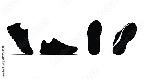 Four silhouette running shoes isolated on white background in different angles
