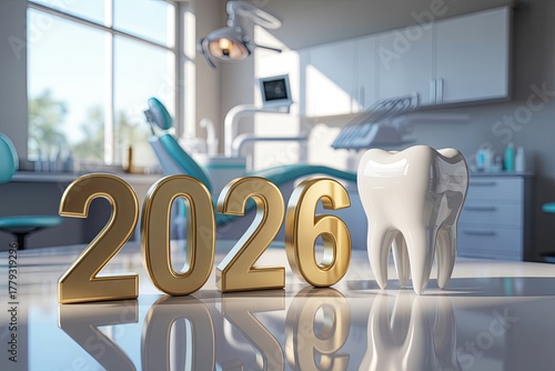 Wallpaper Mural Golden dental 2026 concept with tooth and modern dentist office interior background Torontodigital.ca