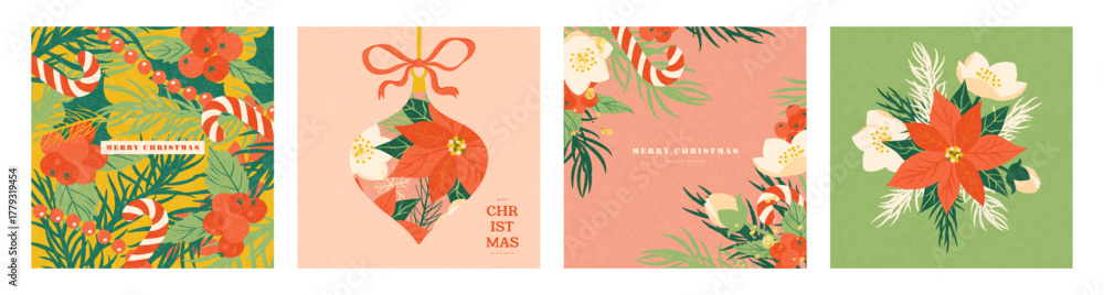 Naklejka premium Set of modern flat graphic Christmas card design templates with a winter floral composition, featuring poinsettia, hellebore , holly berry, and a candy cane, for a holiday greeting, vector