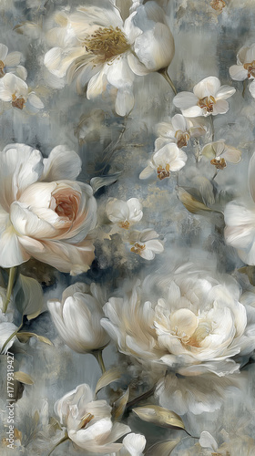 Soft Gray and Cream Vintage Peony Floral Design Seamless Pattern
