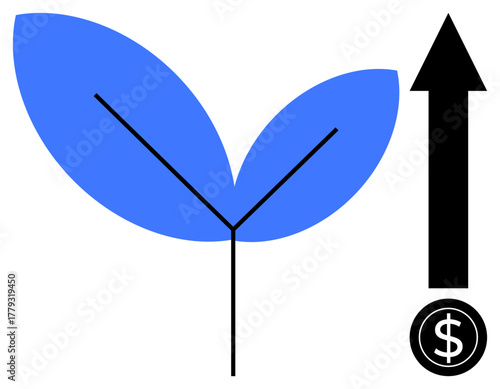 Blue leaves branching from a stem, black upward arrow with dollar sign at base. Ideal for sustainability, business growth, eco-finance, investment, profit, development, nature-inspired concepts