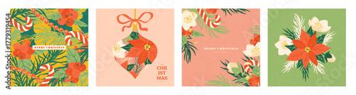 Set of modern flat graphic Christmas card design templates with a winter floral composition, featuring poinsettia, hellebore , holly berry, and a candy cane, for a holiday greeting, vector