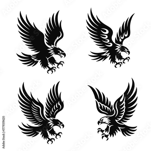 Black and white eagle with sharp claws extended, wings made of flames