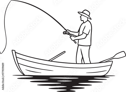 Man standing in a boat, actively fishing on the water
