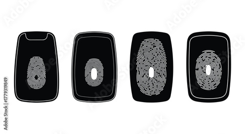 Four black and white fingerprint scanner icons isolated on white background