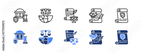 Regulation, Law, Constitution, Policy, Resolution with two styles, line and duotone icon.
