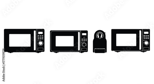 Three microwave and fingerprint scanner icons isolated on white background