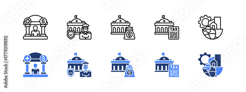 Welfare, Security, Budget, Tax, Infrastructure with two styles, line and duotone icon.