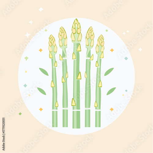 Fresh Green Asparagus Stalks in a Circular Frame with Pastel Accents and Soft Lighting