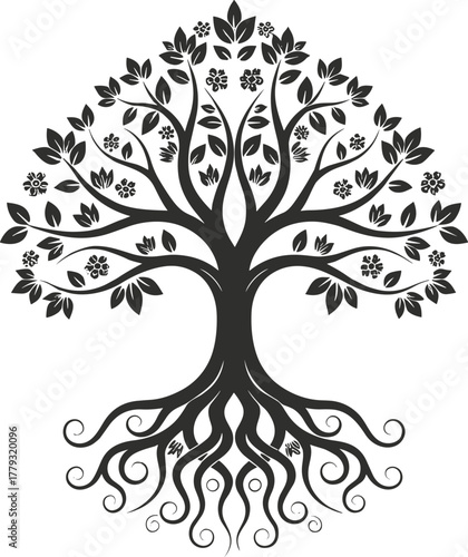 Tree of Life silhouette with floral branches and roots illustration, symbolic connection and expressive nature harmony artwork for design