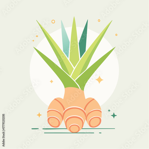Flat Design Illustration of Fresh Ginger Root with Green Leaves Against a Soft Circular Background with Sparkle Accents