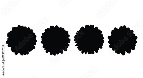 Four black spiky circles isolated on white background, abstract silhouette