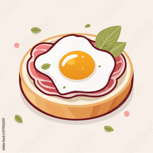 Stylized Illustration of a Breakfast Bagel Topped with Fried Egg and Ham Garnished with Fresh Basil Leaves and Pink Sprinkles on a Light Peach Background