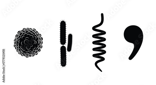 Black silhouette of virus, bacteria, spring and comma isolated on white background