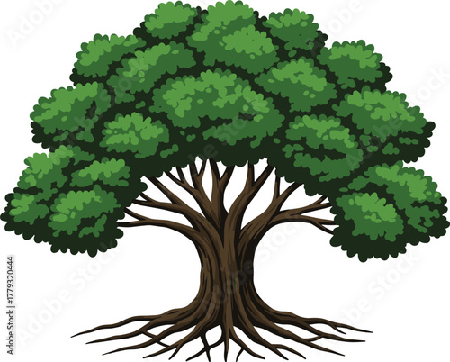 Tree with thick trunk and visible roots cartoon illustration, symbolic growth and expressive nature stability artwork for design and education