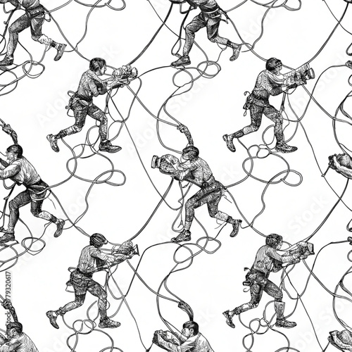 A unique, highly detailed seamless pattern featuring repeating figures of people in motion, resembling cameramen or media operators