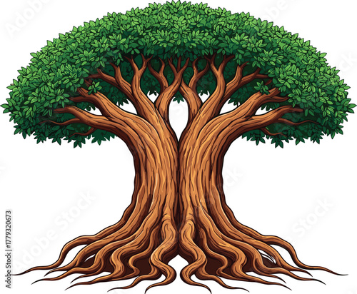 Tree with intertwined trunks and symmetrical canopy cartoon illustration, symbolic unity and expressive nature harmony artwork for design