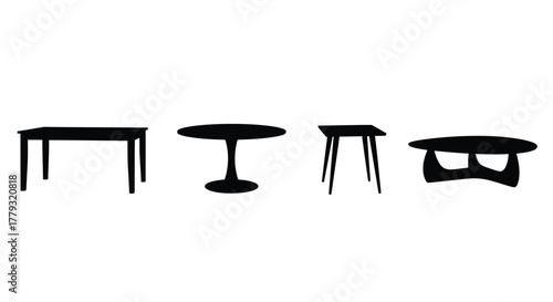 Four black tables isolated on white background are in a row