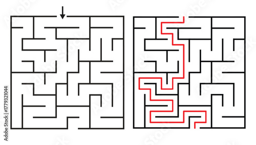 Rectangular Orthogonal Maze Game for Kids and Adults - Simple and Easy Maze Game Flat Vector Black and White Outline Illustration.