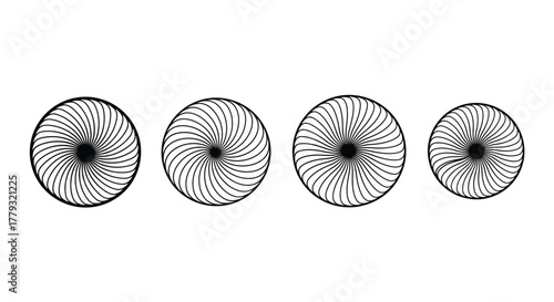 Four spiral circles isolated on white background in a row arrangement