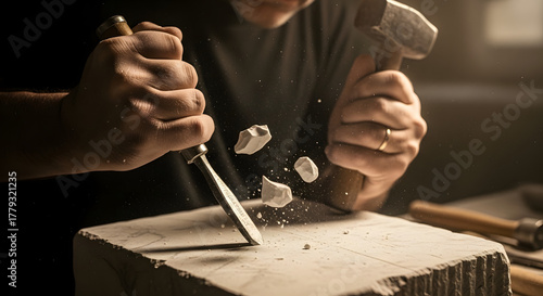 Stone worker using hammer and chisel to sculpt a piece of marble, Sculptor crafting with traditional stone carving tools in close-up