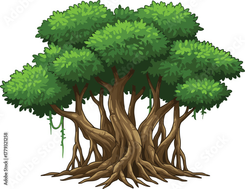 Tropical tree with twisted trunks and vines cartoon illustration, symbolic shelter and expressive nature vitality artwork for design and education