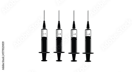 Four syringes isolated on white background, representing medical and health concepts