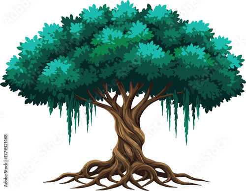 Twisted banyan-style tree with vines cartoon illustration, symbolic growth and expressive nature wisdom artwork for design and education