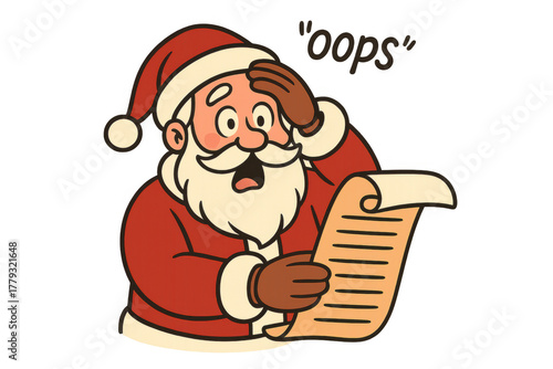 Santa claus expressing shock and surprise, finding a mistake or problem on a long list of names, oops text above his head