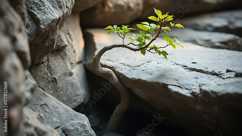 godliness. Young tree growing through rock crevice showing resilience in nature. ESG reports, sustainability campaigns, designed for environmental awareness campaigns, promotes sustainability.