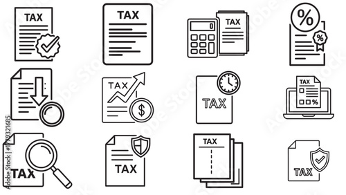 Taxes Symbols Sheet In Black — Filing, Returns, Refunds And Compliance Icons For Finance Apps, Payroll And Year-End Accounting