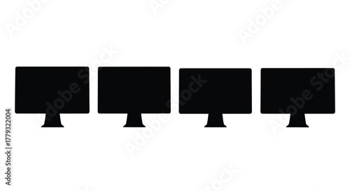 Set of black computer monitor silhouettes isolated on white background