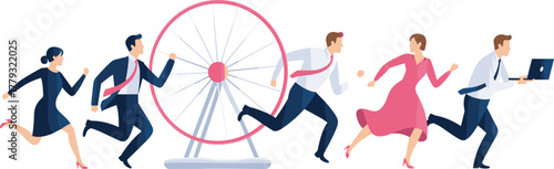 Business people running in hamster wheel symbolizing corporate rat race, stress, work pressure, competition, modern office life challenge illustration