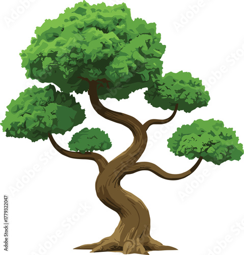 Whimsical tree with curved trunk cartoon illustration, symbolic vitality and expressive nature creativity artwork for design and education