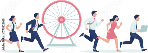business people running in hamster wheel race concept, office competition, career stress, teamwork, motivation, corporate challenge, success pursuit, leadership, goal achievement illustration