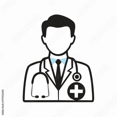 Simple black line icon of a male doctor with a stethoscope, representing healthcare, medicine, and hospital services