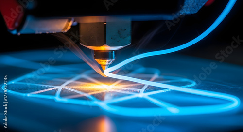 Crafting Tomorrow: Close-Up of a 3D Printer Creating a Detailed Object with Blue Filament, Illuminated 3D Printing:  A Macro View of a Modern Manufacturing Process in Action