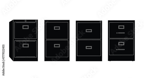 Four black filing cabinets isolated on white background