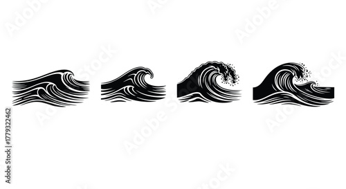 Four black wave illustrations isolated on white background