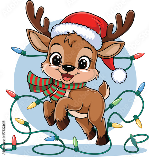Cute cartoon baby reindeer wearing a Santa hat and striped scarf, jumping joyfully while tangled in colorful Christmas lights