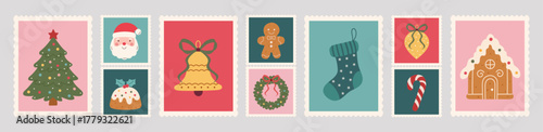 Vintage Christmas postage stamp set: Xmas tree, stocking, bell, bows,ribbons,gingerbread house. Soft pink, teal, red hues with scalloped edges evoke a cozy festive feel.Mail postmark.Hand-drawn vector