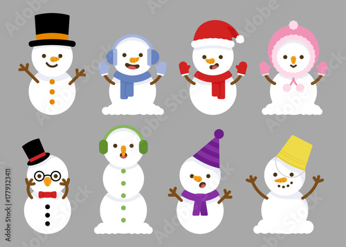 Cute snowman clipart set with Christmas hats, scarves, earmuffs, and winter accessories in various expressions. Perfect for holiday cards, stickers, posters, wrapping, and seasonal graphic designs.