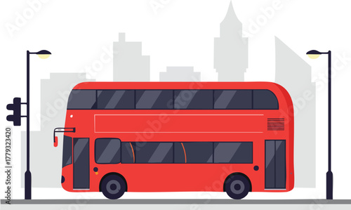 A red double-decker bus stops at a city street with a gray urban background and streetlights.