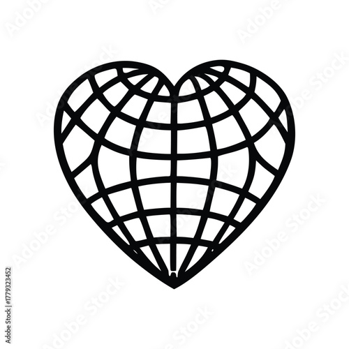 Geometric heart icon with a central sunburst star design. Abstract black and white vector symbol of love, light, and passion on an isolated background