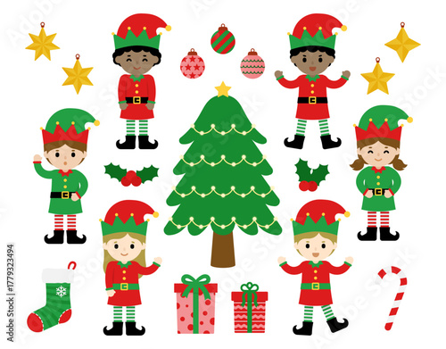 Cute Christmas elf clipart set with festive tree, gifts, ornaments, and candy canes. Perfect for holiday cards, posters, gift wrapping, children’s projects, and seasonal graphic designs.